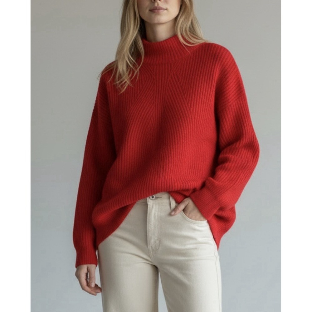 Tahari Red 100% Cashmere Mock Neck Textured Chevron Heavy Knit Sweater L Slouchy